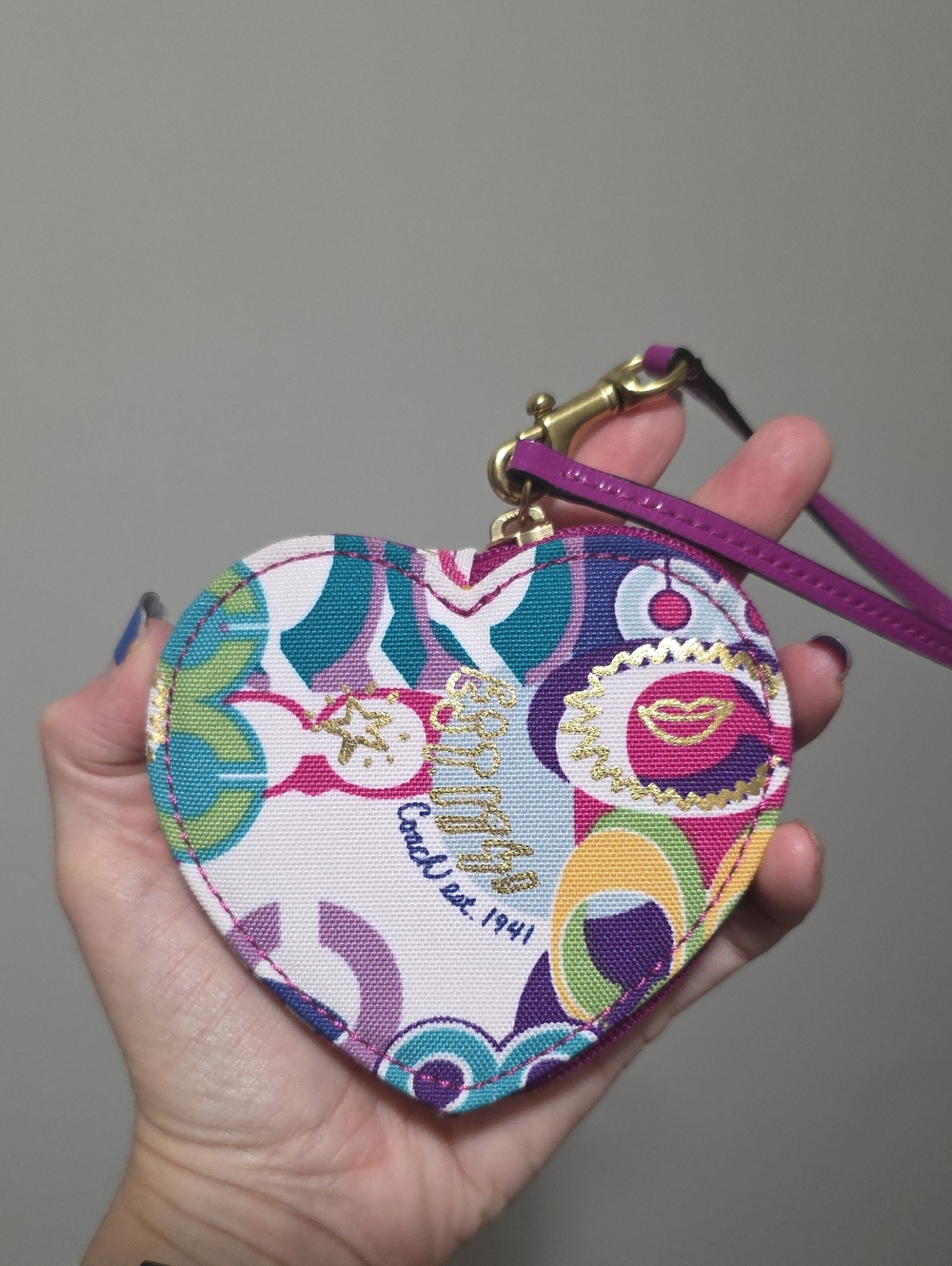 Coach Poppy Graffiti Sateen Heart Coin Purse, Wristlet, Key Ring, Bag Charm Y2K - Picture 3 of 12